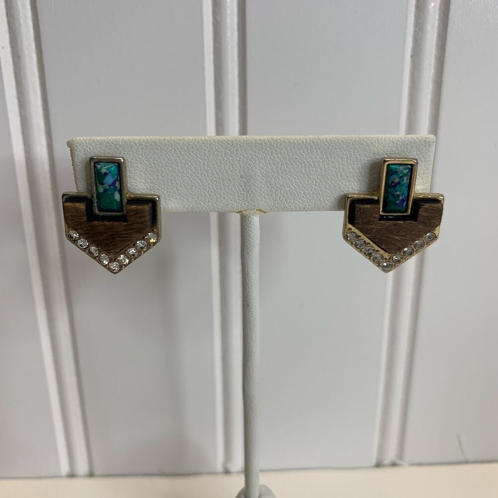 Wood Gold Rhinestone Turquoise Boho Post Earrings 3/4" Arrow